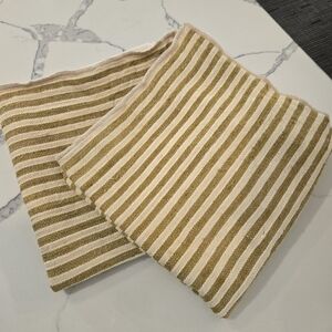 S/2 West Elm Striped Olive and Cream Silk Cotton Pillow Covers 20x20